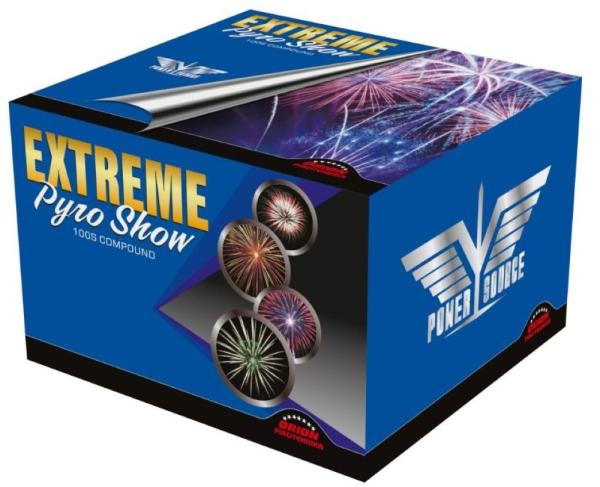 Extreme Pyro Show, 100 Schuss, NEM: 1434g, Kaliber: 25,30mm, Brenndauer ca. 75 Sekunden
